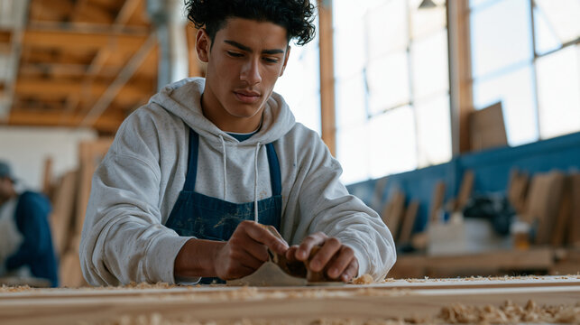 Male adolescent at a youth detention center participates in a vocational woodworking class, hands guiding a plane across lumber, focused expression carrying the weight of a second chance life moment