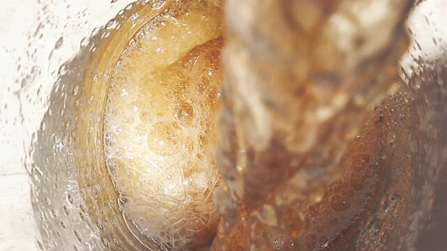 Overhead View of Cold Beer Pouring from Bottle into Glass Mug with Foam
