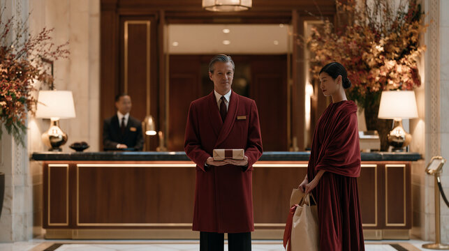 Elegant hotel lobby during peak gifting season, a concierge team of three coordinating delivery of large wrapped hampers to waiting guests, luxury interior with marble floors and seasonal floral arr