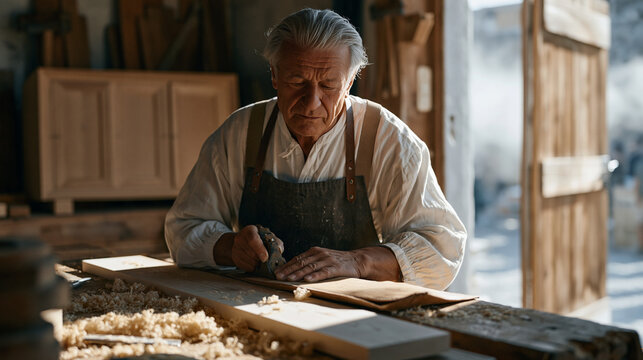 Elderly male artisan sharpens hand tools on a leather strop inside a traditional woodworking shop, morning mist visible through the open doorway, sawdust on the floor, a half-finished cabinet restin