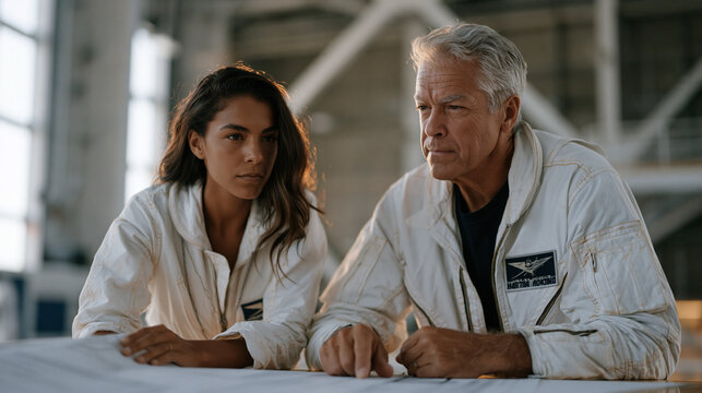 Candid unposed moment of a female Indigenous astronaut candidate in her thirties reviewing Artemis mission habitat schematics with a senior engineer, both leaning over a long table in a training fac