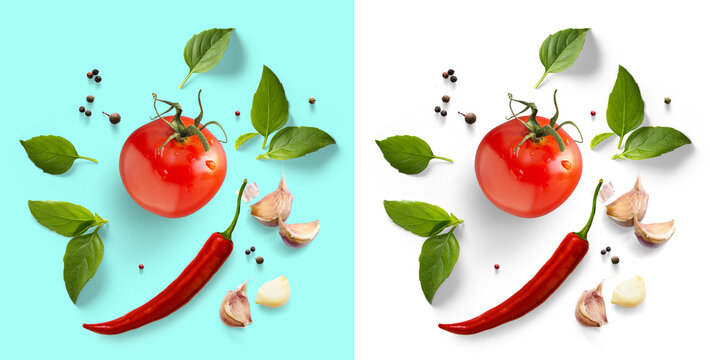 Fresh Mediterranean Cuisine Ingredients Home Cooking Concept Red Chili Pepper Basil Leaves