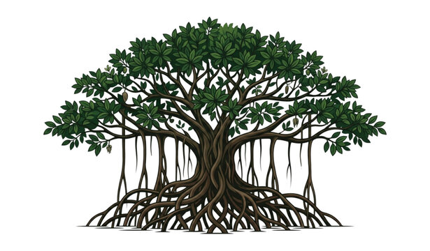 Banyan tree silhouette vector illustration with detailed tropical root structure