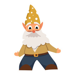 Fototapeta premium Cheerful fairytale gnome character with long white beard and yellow spotted hat