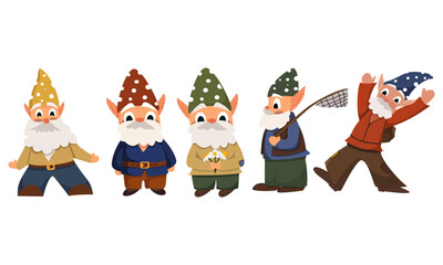 Fototapeta premium Fairytale gnomes character collection with five cute dwarfs and white beards