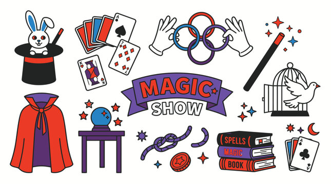 Vibrant illustration of magic show with various props and symbols