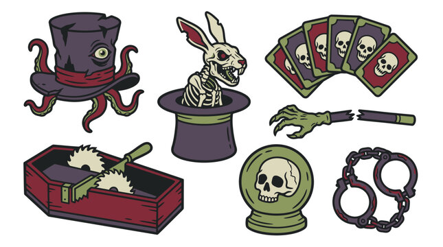 An illustration of a mystical scene with a rabbit skeleton emerging from a hat surrounded by occult symbols and a top hat with tentacles.