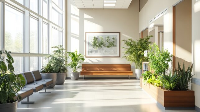 Modern hospital waiting area with plants and sunlight