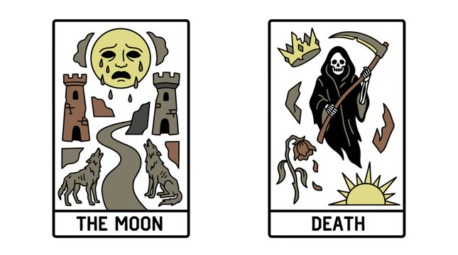 Illustration of Tarot Cards Featuring Death and the Moon with Symbolic Imagery