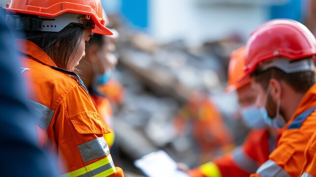 Faceless firefighters and rescue team working together at collapsed structure, inter-agency cooperation, structural collapse, emergency collaboration, crisis response, coordinated