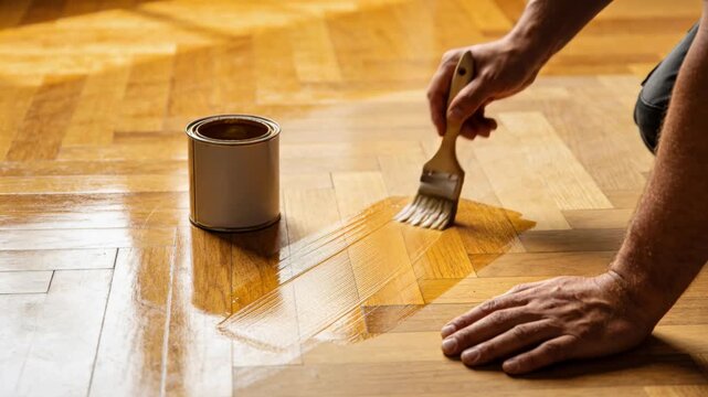 A craftsman applies a fresh layer of varnish onto an old wooden parquet floor using a paint brush.