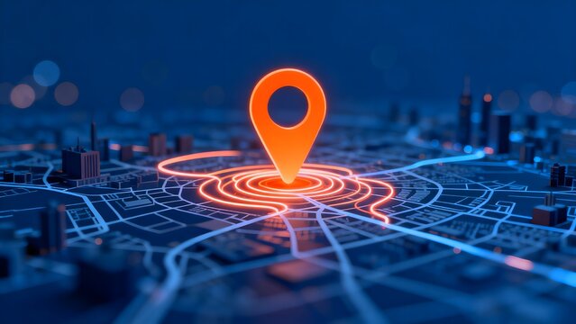 City map with glowing location pin