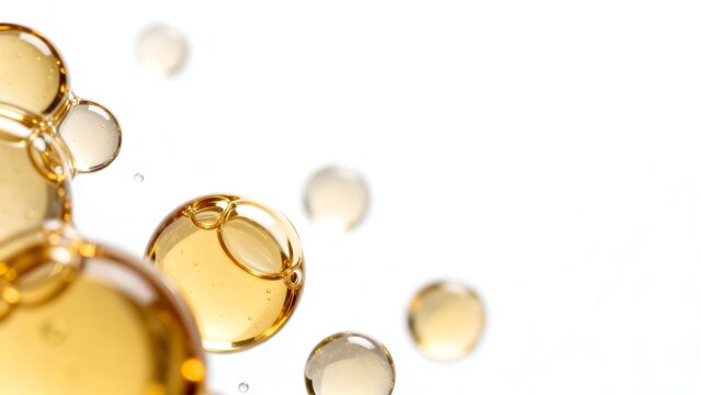 Golden liquid bubbles on white background