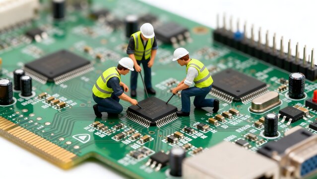 Miniature workers repairing circuit board