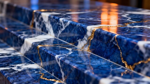 Blue marble staircase with gold accents