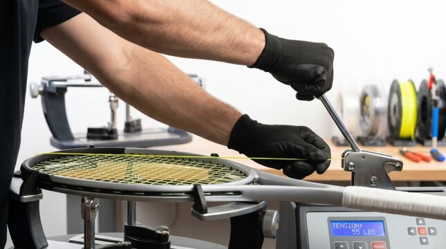 Tennis racket stringer using a tensioning machine lever to pull a yellow string tight