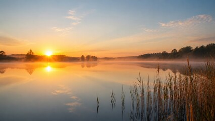 Obraz premium Sunrise over calm lake reflecting warm colors in early morning light with reeds along the shore