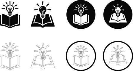 Eight variations of a black and white open book with a lightbulb icon representing knowledge and learning