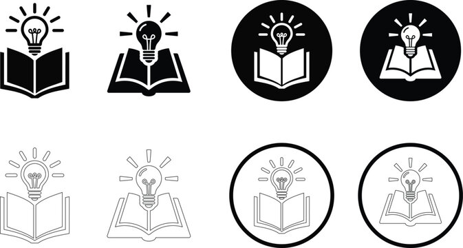 Eight variations of a black and white open book with a lightbulb icon representing knowledge and learning