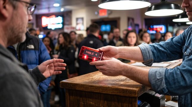 Restaurant host handing a red glowing electronic table pager buzzer to a customer in a crowded waiting area