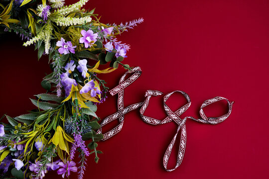Ligo jani flowers wreath and latvian folk ribbon