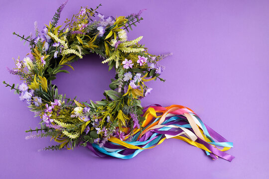 Ukrainian vinok flower wreath with colorful ribbons