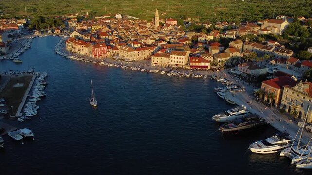 Aerial view of stari grad harbor on hvar island croatia at sunset