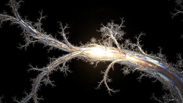 A metallic, branching structure glows brightly against a dark background. Its intricate fractal pattern suggests growth and complexity.