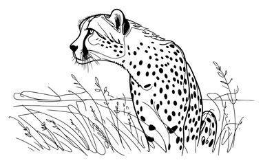 Cheetah profile portrait in savanna grass line art, wild cat predator sketch vector illustration © Luka