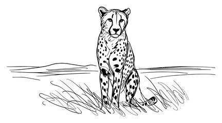 Sitting cheetah in savanna landscape line art, african predator wild cat sketch vector illustration © Luka