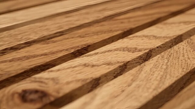 Closeup of a wooden surface with parallel slats and natural grain patterns.