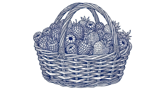 Blue monochrome engraving of wicker basket full of ripe raspberries and strawberries against transparent background, concept of summer berry picking