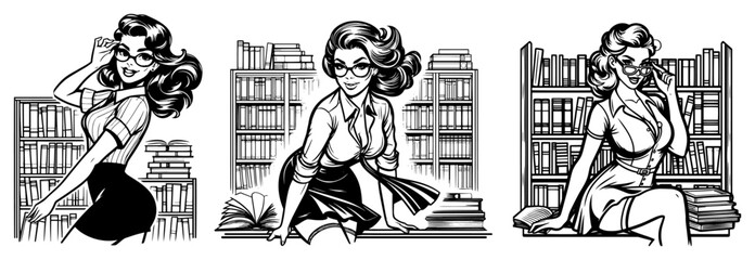 Set of vintage librarian pin-up girls in library, retro 1950s student characters with books and bookshelves © Luka