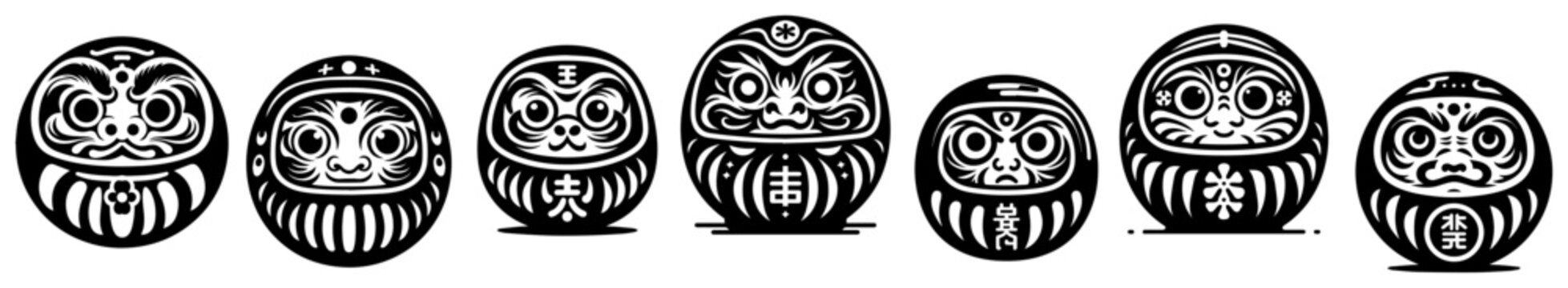 Traditional Japanese Daruma doll icons set, zen buddhist lucky charms and symbols of perseverance vector