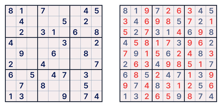 Classic medium sudoku puzzle with empty grid alongside completed version of puzzle showcasing numbers in red.
