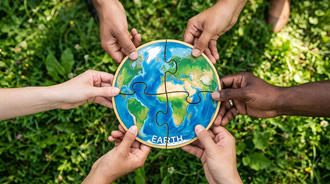 Diverse group of people holding jigsaw puzzle of Earth over green grass. Global unity and environmental protection concept. International collaboration for ecology and world conservation.