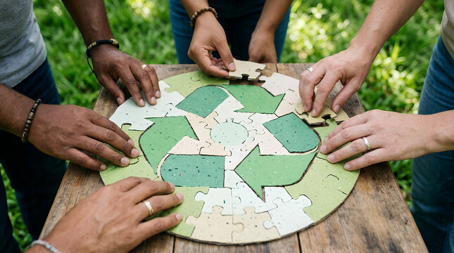 Diverse people assembling round puzzle with recycling symbol. Collaboration for environmental sustainability and eco friendly lifestyle. Concept of teamwork for Earth protection.