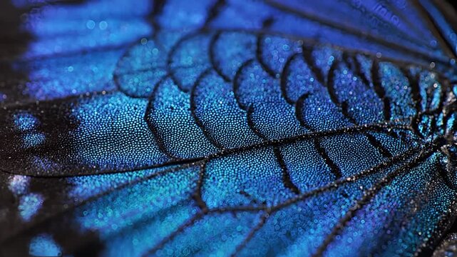 Extreme CloseUp Macro Shot of Iridescent Blue Butterfly Wing Scales.