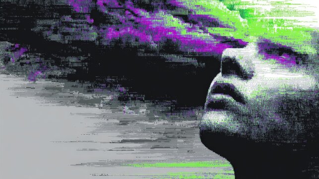 Abstract face with glitch effects in purple and green tones. Profile view shows calm, introspective expression. Digital distortion suggests emotional disconnection or digital overload