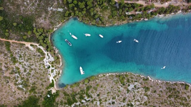 Aerial view of yachts anchored in zavala cove on hvar island