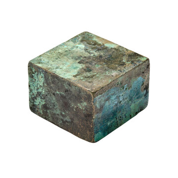 PNG of Weathered green cube with a rustic patina and textured surface details.