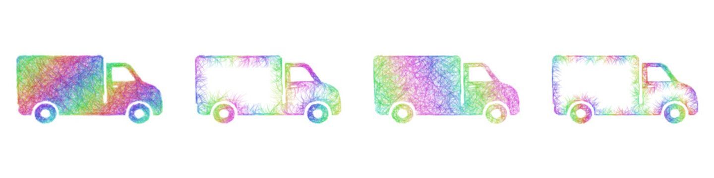 Rainbow color sketch delivery van icon design set