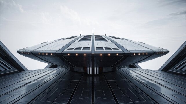 Futuristic sleek spaceship with metallic surface and lights on a launchpad against cloudy sky