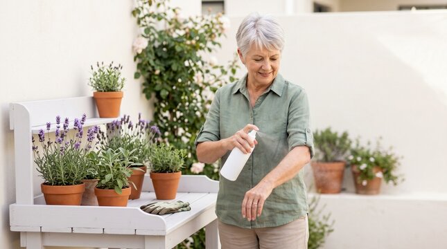 Elderly woman applying garden bug spray in sunny patio with plants  