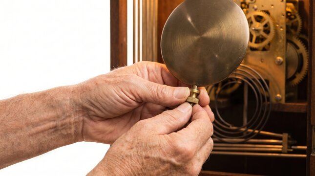 Senior hands carefully adjusting the brass pendulum of an antique wooden grandfather clock