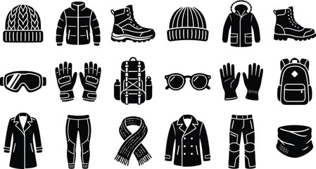 Winter clothing and outdoor gear icons set, 18 black silhouette vector elements, cold weather apparel and hiking equipment for seasonal travel © Fahad