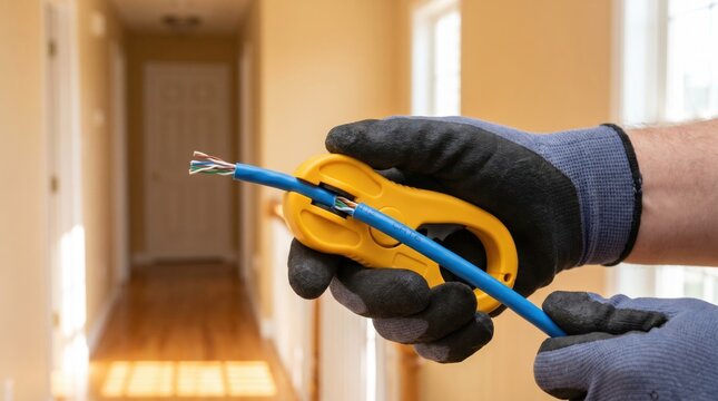 Electrician wearing gloves using a yellow tool to strip the blue jacket off an ethernet cable
