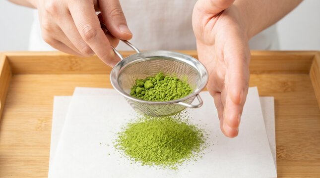 Hands holding a metal sieve over a piece of paper to sift bright green matcha tea powder