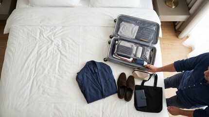 Fototapeta premium Man packing suitcase with clothes and accessories on hotel bed 