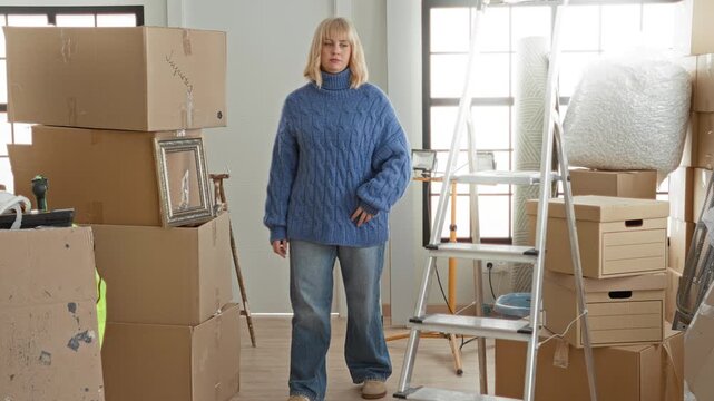 Woman surrounded by stacked cardboard boxes, ladder and framed picture, hands clasped to face while moving in building; transition uncertainty.